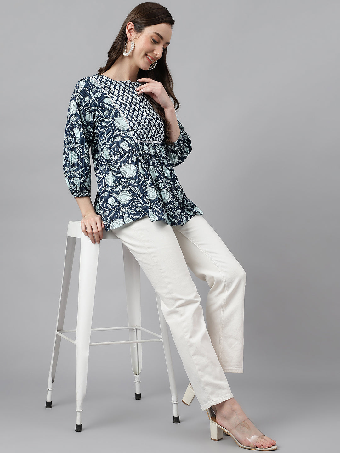 Janasya Women's Navy Blue Cotton Floral Print Gathered Top | Swadesiicart