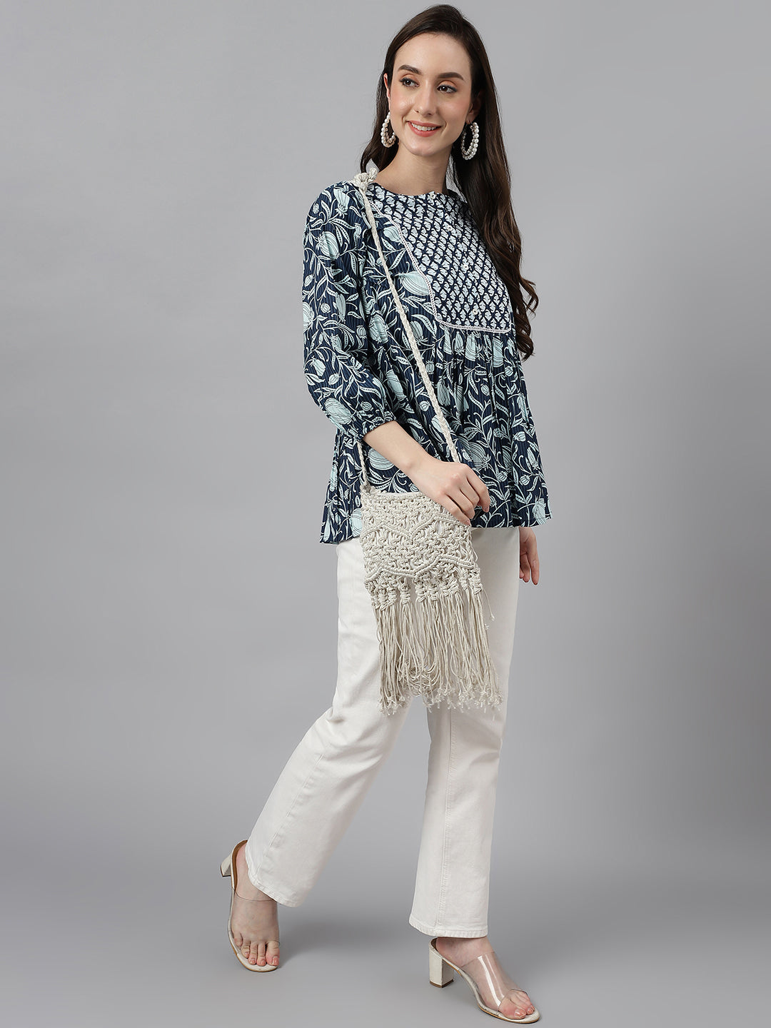 Janasya Women's Navy Blue Cotton Floral Print Gathered Top | Swadesiicart