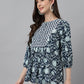Janasya Women's Navy Blue Cotton Floral Print Gathered Top | Swadesiicart
