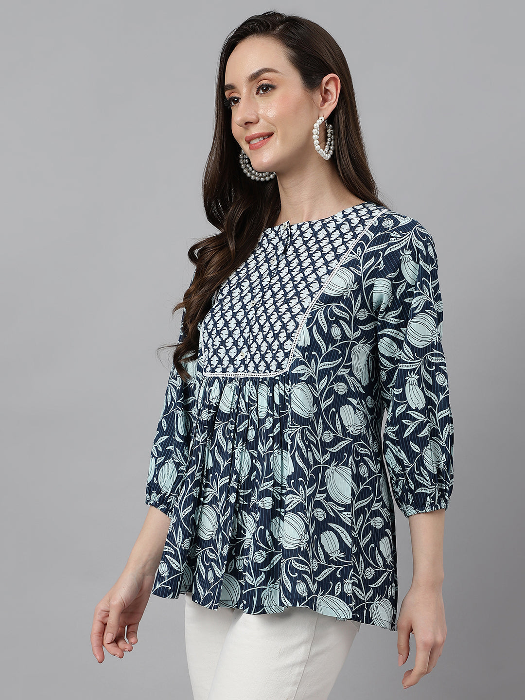 Janasya Women's Navy Blue Cotton Floral Print Gathered Top | Swadesiicart