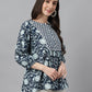 Janasya Women's Navy Blue Cotton Floral Print Gathered Top | Swadesiicart