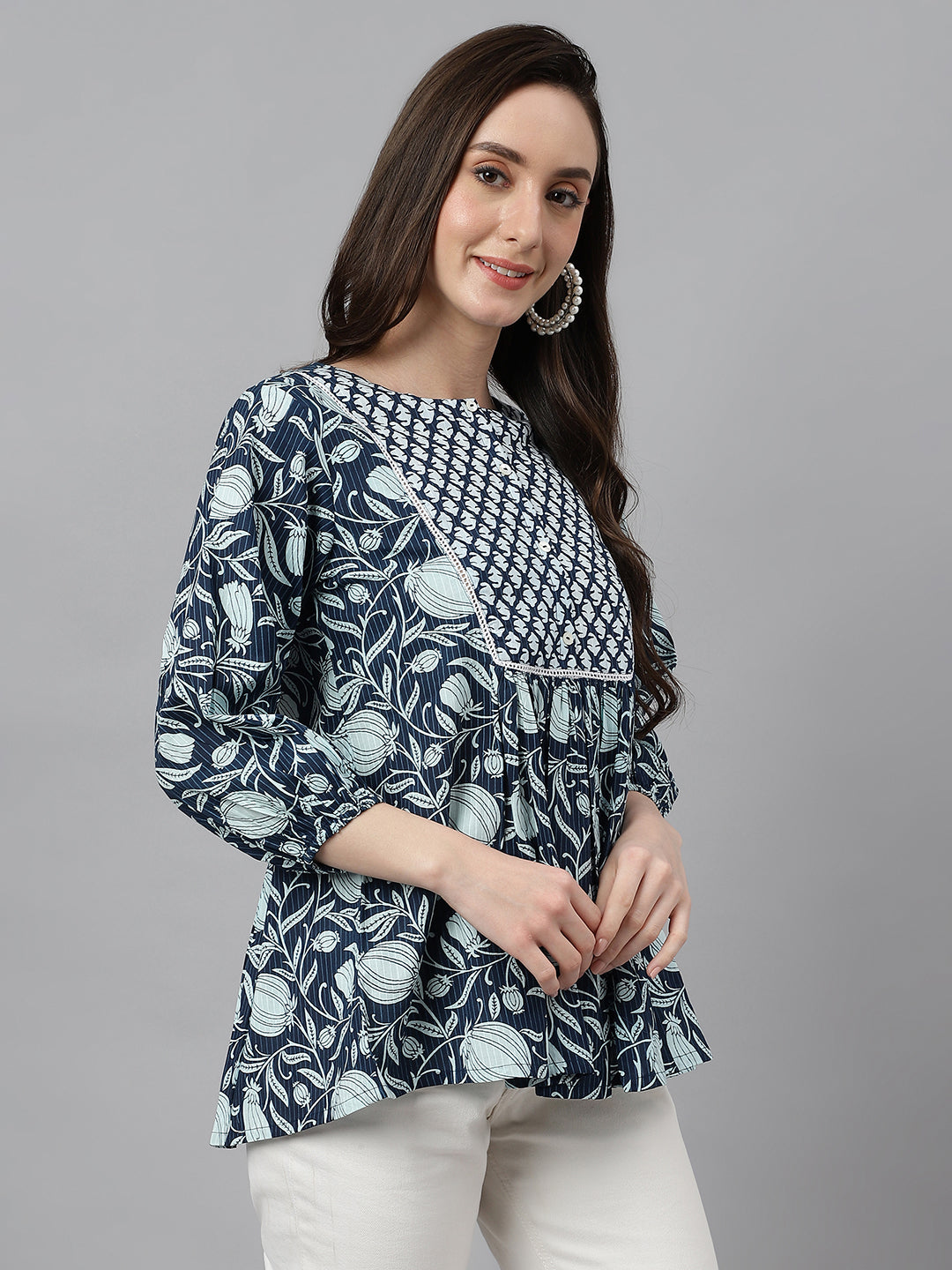 Janasya Women's Navy Blue Cotton Floral Print Gathered Top | Swadesiicart