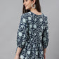 Janasya Women's Navy Blue Cotton Floral Print Gathered Top | Swadesiicart