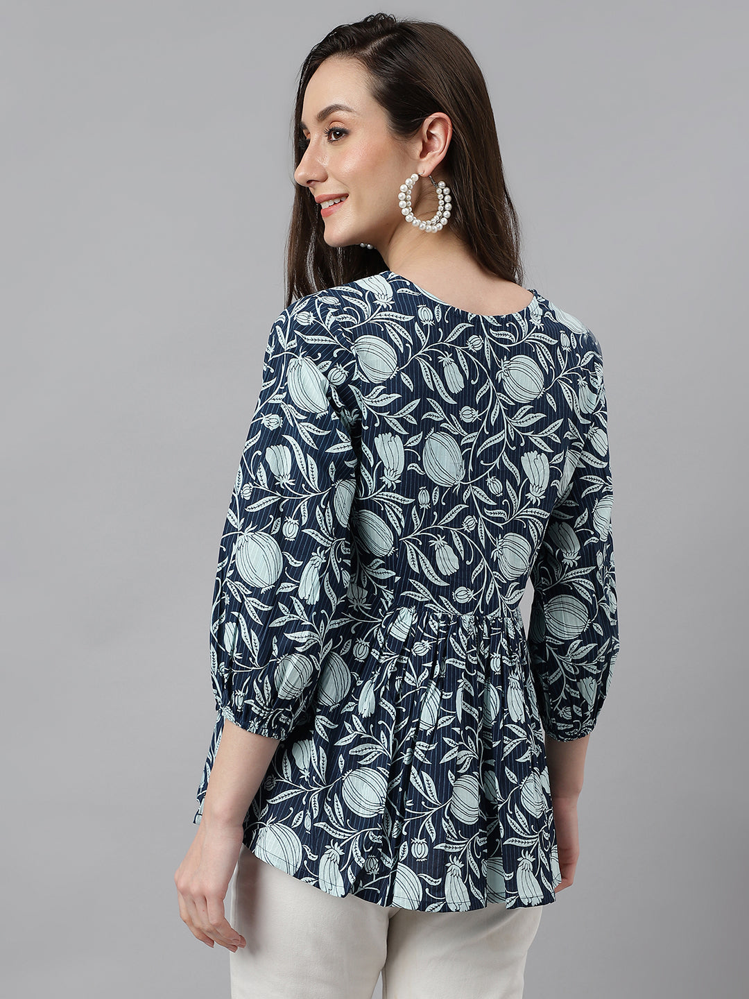 Janasya Women's Navy Blue Cotton Floral Print Gathered Top | Swadesiicart