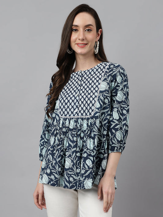 Janasya Women's Navy Blue Cotton Floral Print Gathered Top | Swadesiicart