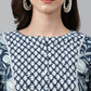 Janasya Women's Navy Blue Cotton Floral Print Gathered Top | Swadesiicart