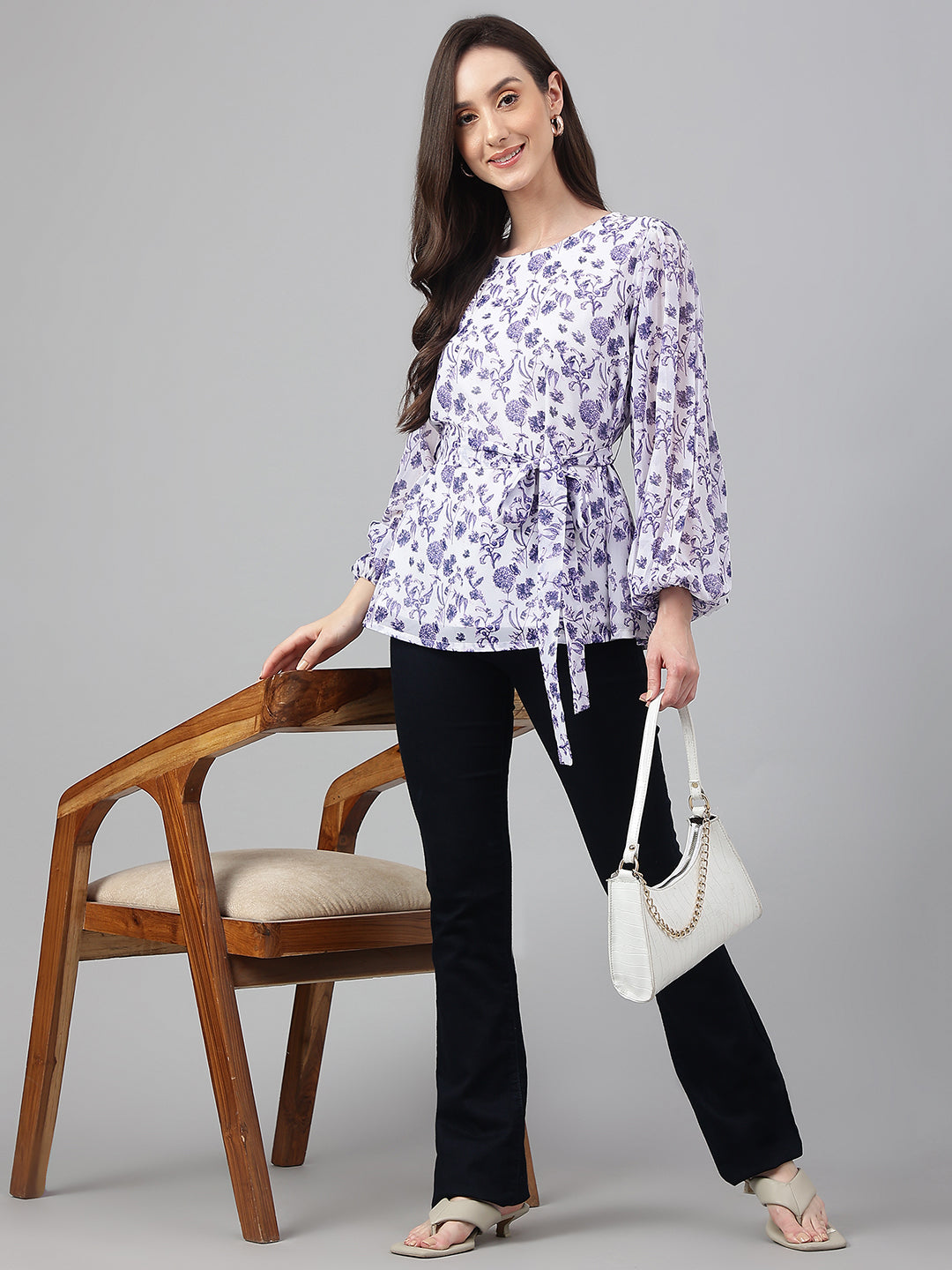 Janasya Women's White Georgette Floral Print Flared Top | Swadesiicart