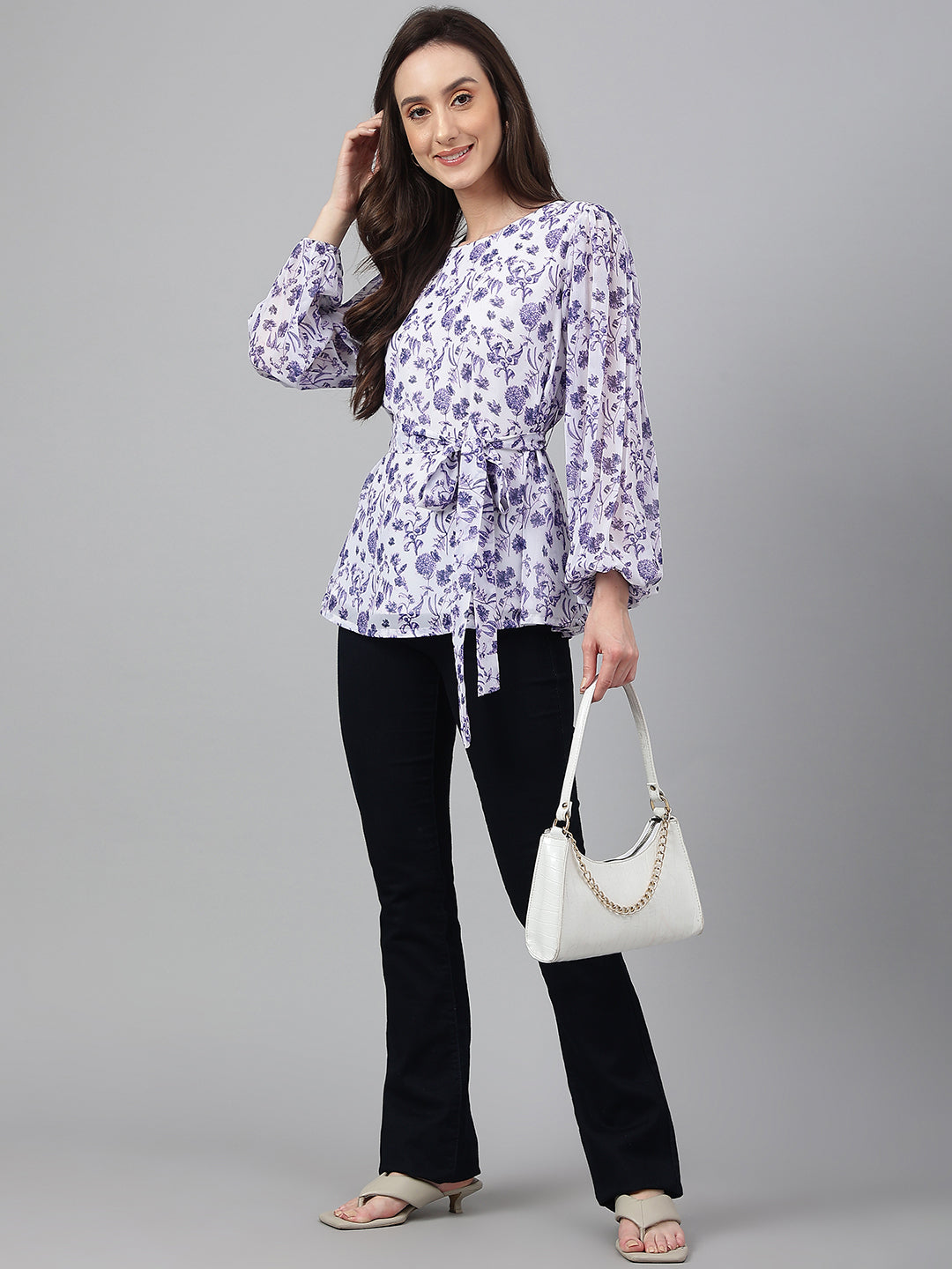 Janasya Women's White Georgette Floral Print Flared Top | Swadesiicart