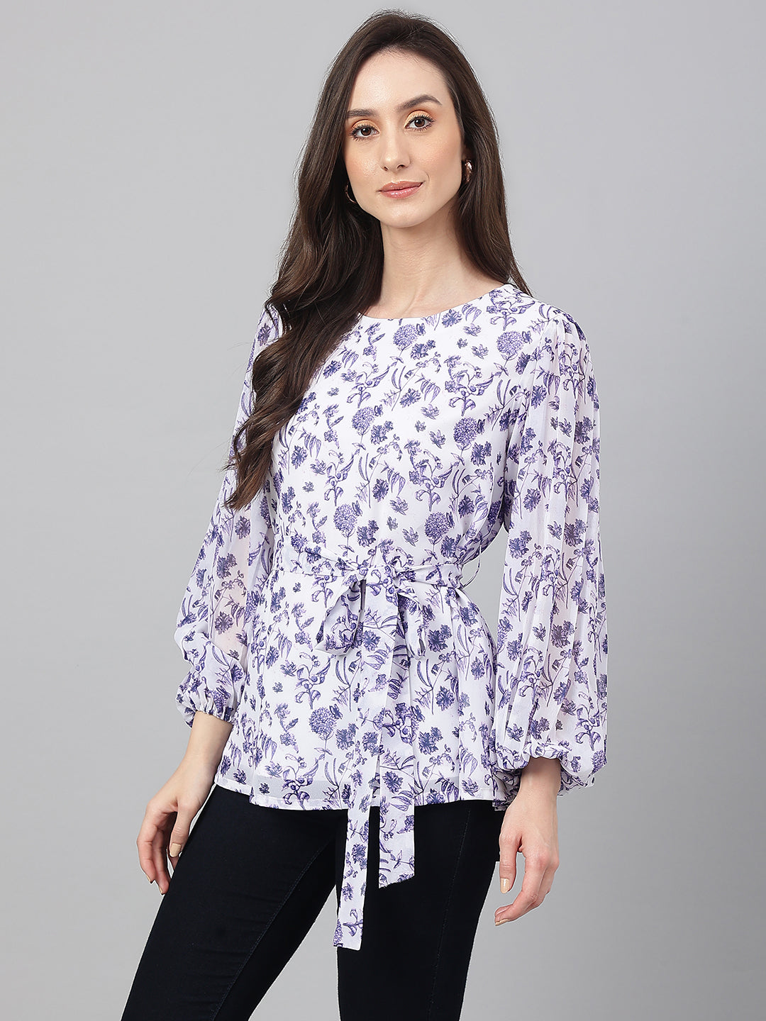 Janasya Women's White Georgette Floral Print Flared Top | Swadesiicart