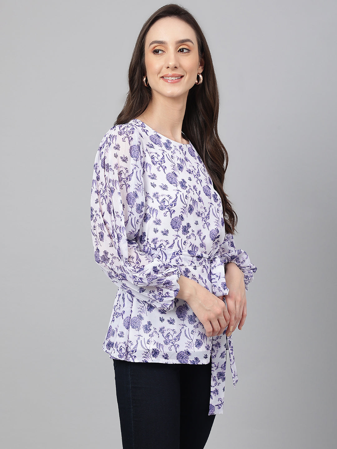 Janasya Women's White Georgette Floral Print Flared Top | Swadesiicart