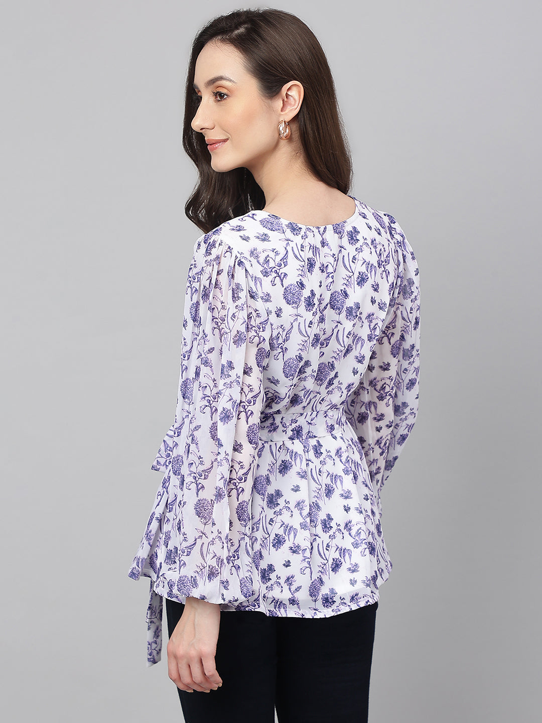 Janasya Women's White Georgette Floral Print Flared Top | Swadesiicart