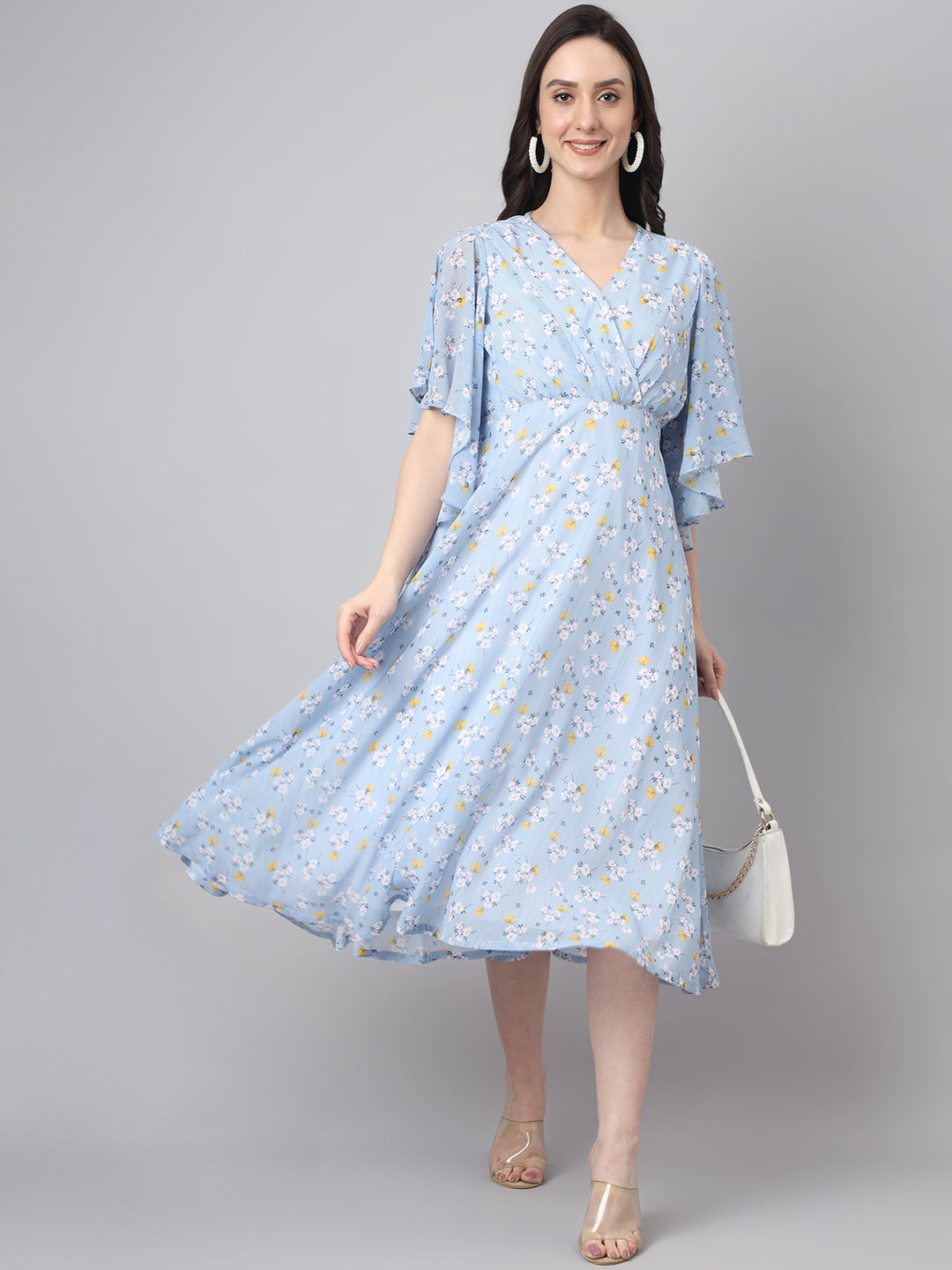Janasya Women's Blue Georgette Floral Printed Flared Western Dress | Swadesiicart