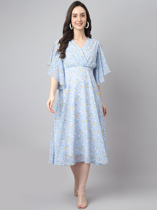Janasya Women's Blue Georgette Floral Printed Flared Western Dress | Swadesiicart