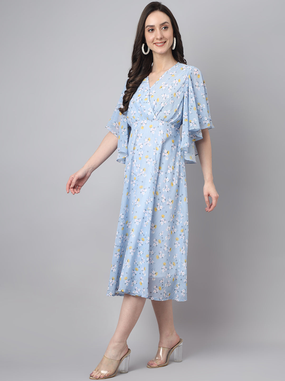 Janasya Women's Blue Georgette Floral Printed Flared Western Dress | Swadesiicart