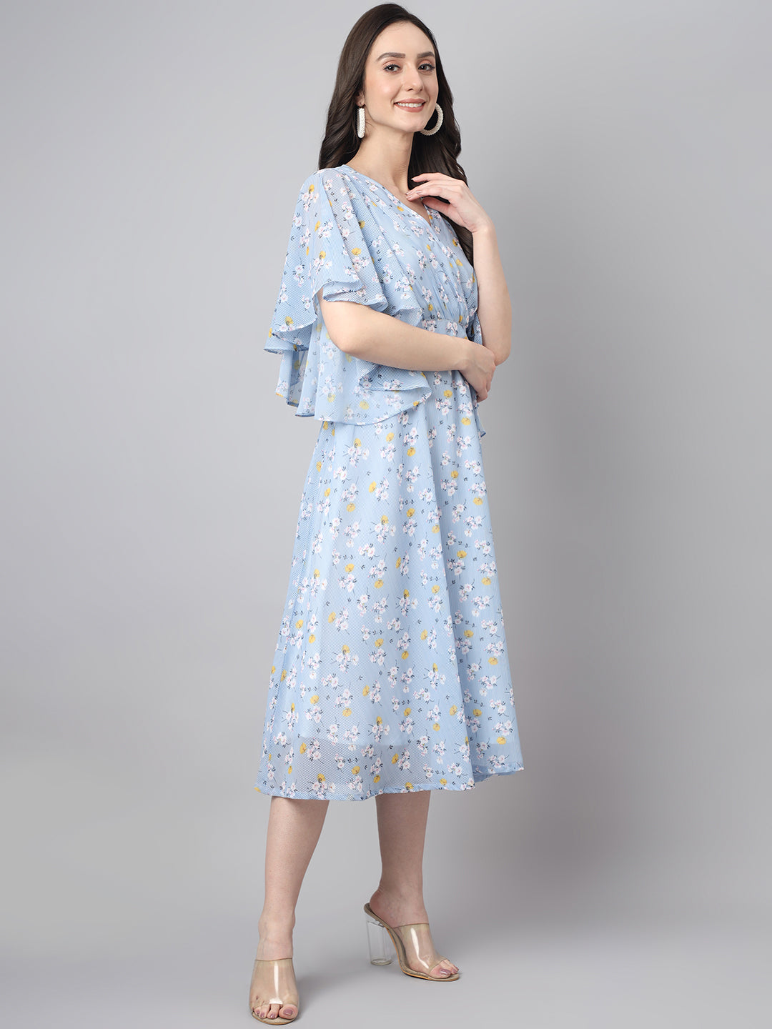 Janasya Women's Blue Georgette Floral Printed Flared Western Dress | Swadesiicart