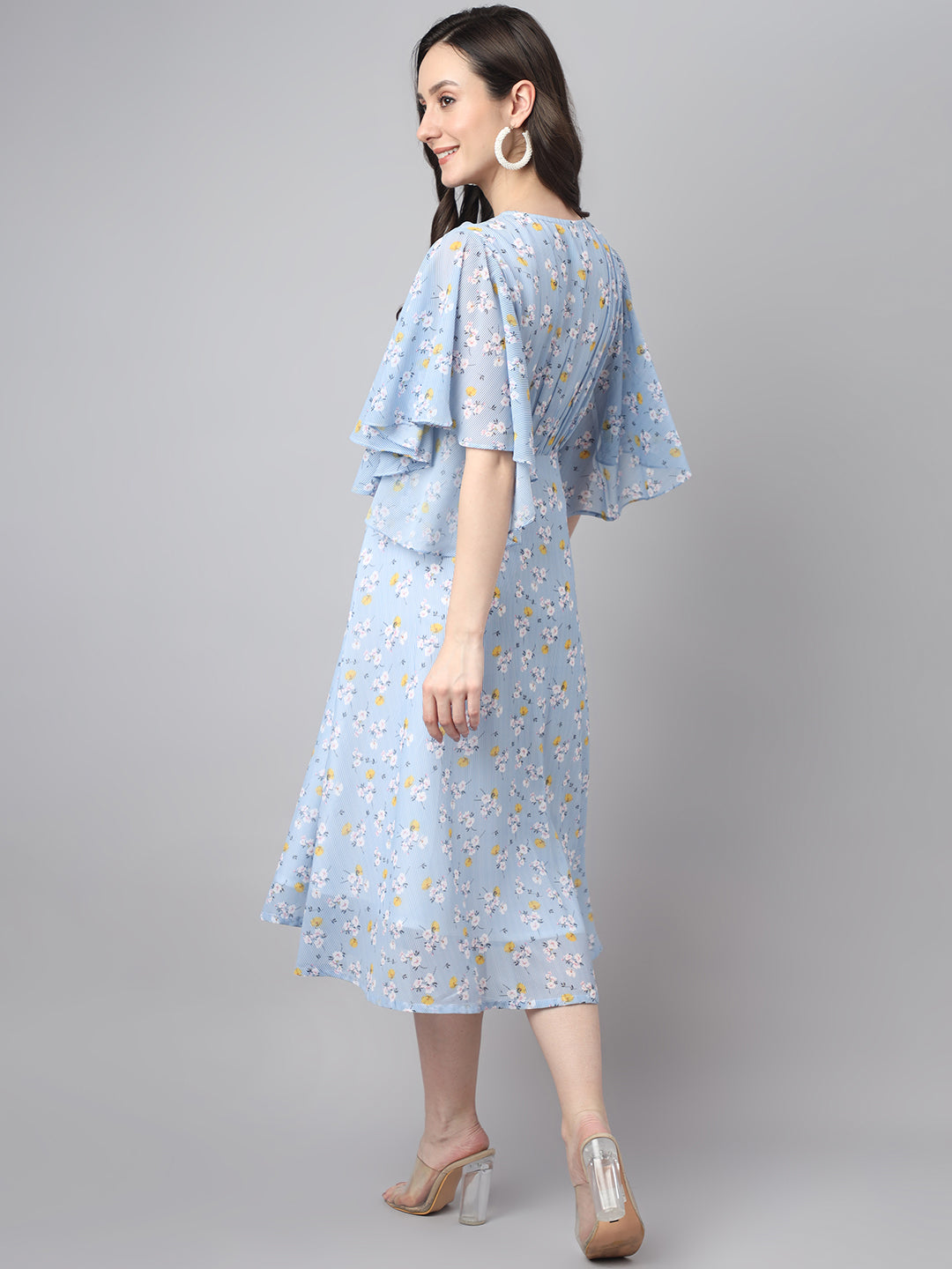 Janasya Women's Blue Georgette Floral Printed Flared Western Dress | Swadesiicart