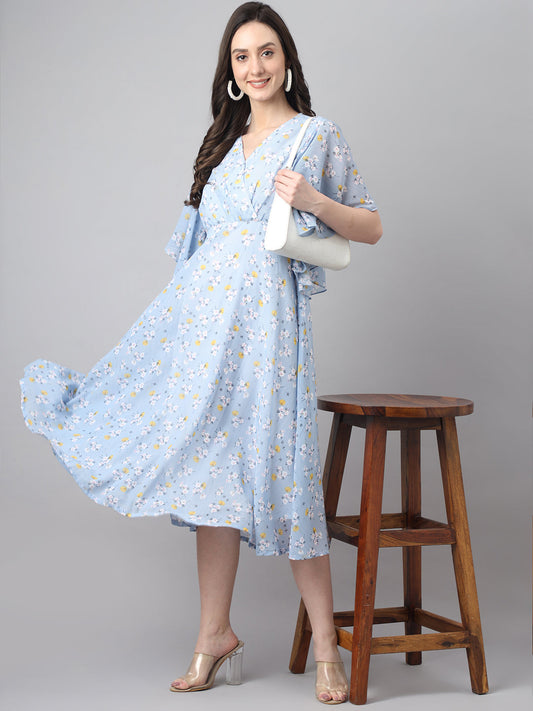 Janasya Women's Blue Georgette Floral Printed Flared Western Dress | Swadesiicart