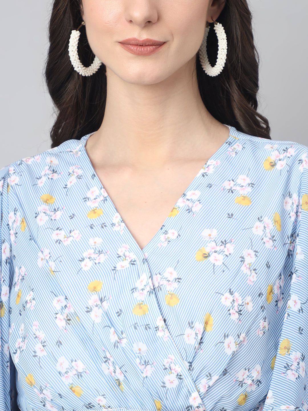 Janasya Women's Blue Georgette Floral Printed Flared Western Dress | Swadesiicart