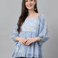 Janasya Women's Blue Georgette Floral Print Peplum Top | Swadesiicart