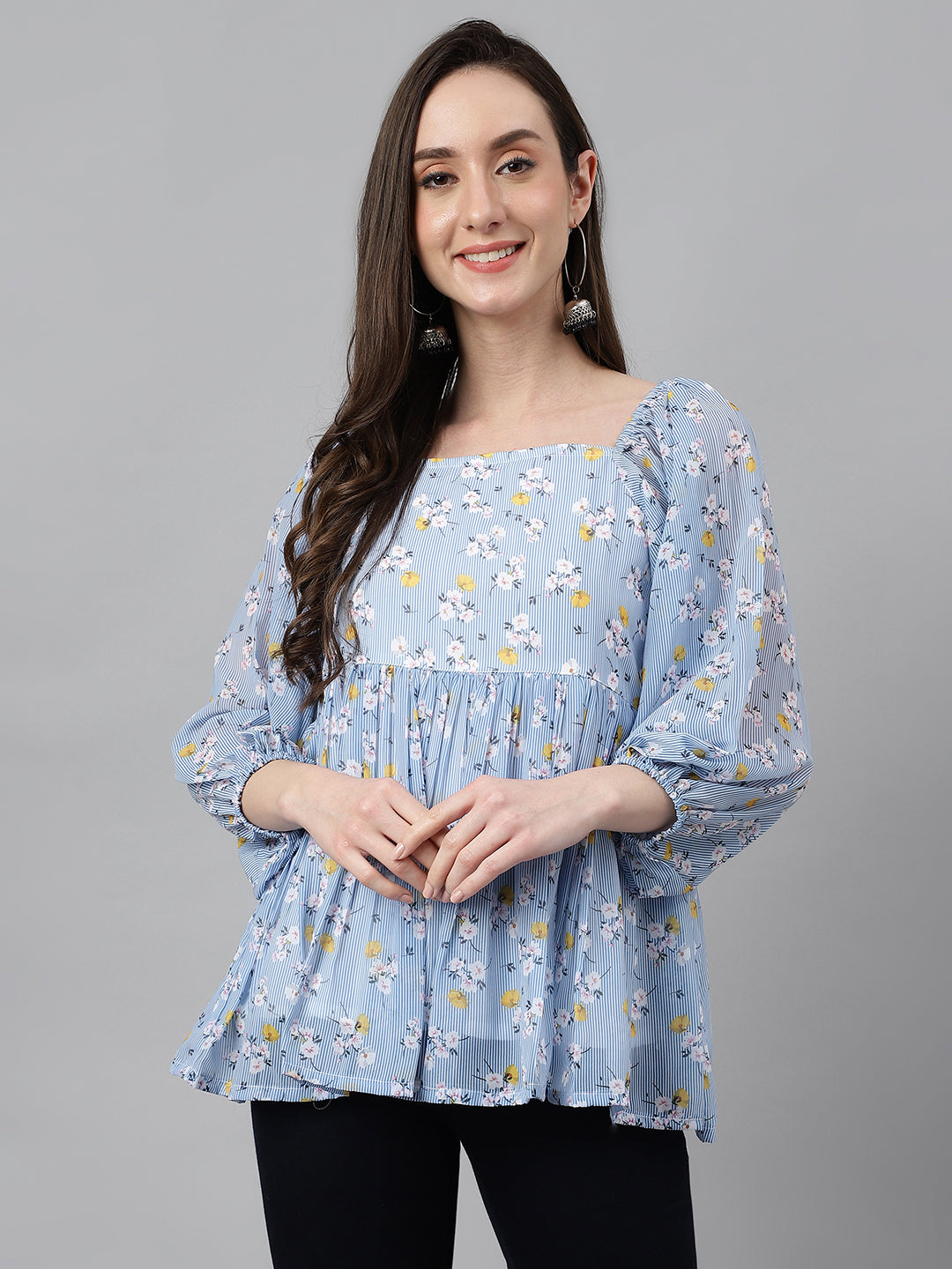 Janasya Women's Blue Georgette Floral Print Peplum Top | Swadesiicart