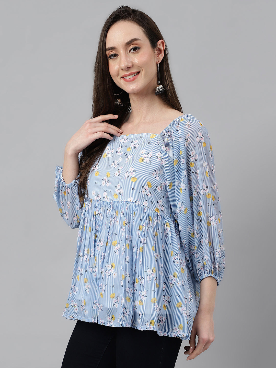 Janasya Women's Blue Georgette Floral Print Peplum Top | Swadesiicart