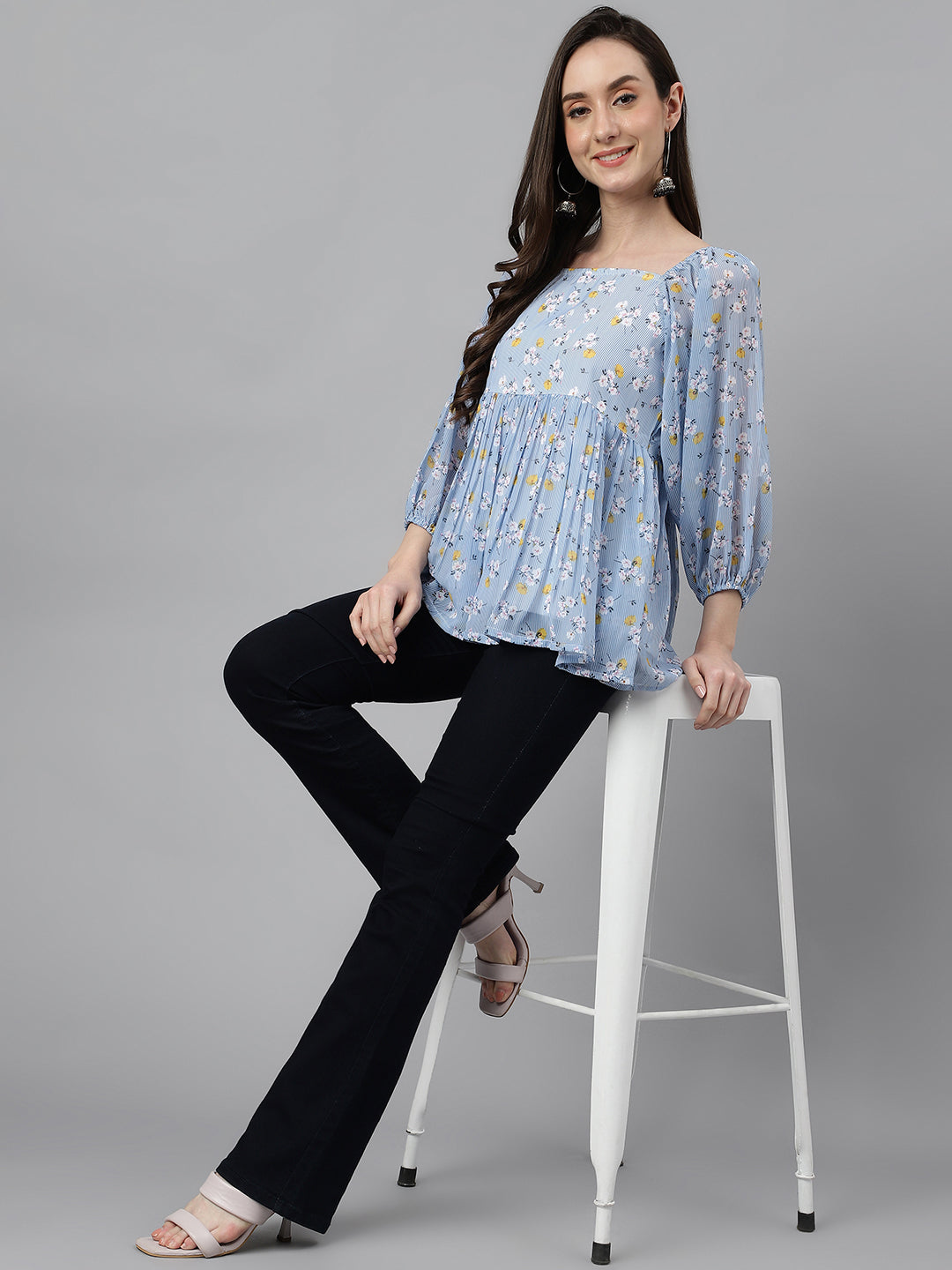 Janasya Women's Blue Georgette Floral Print Peplum Top | Swadesiicart