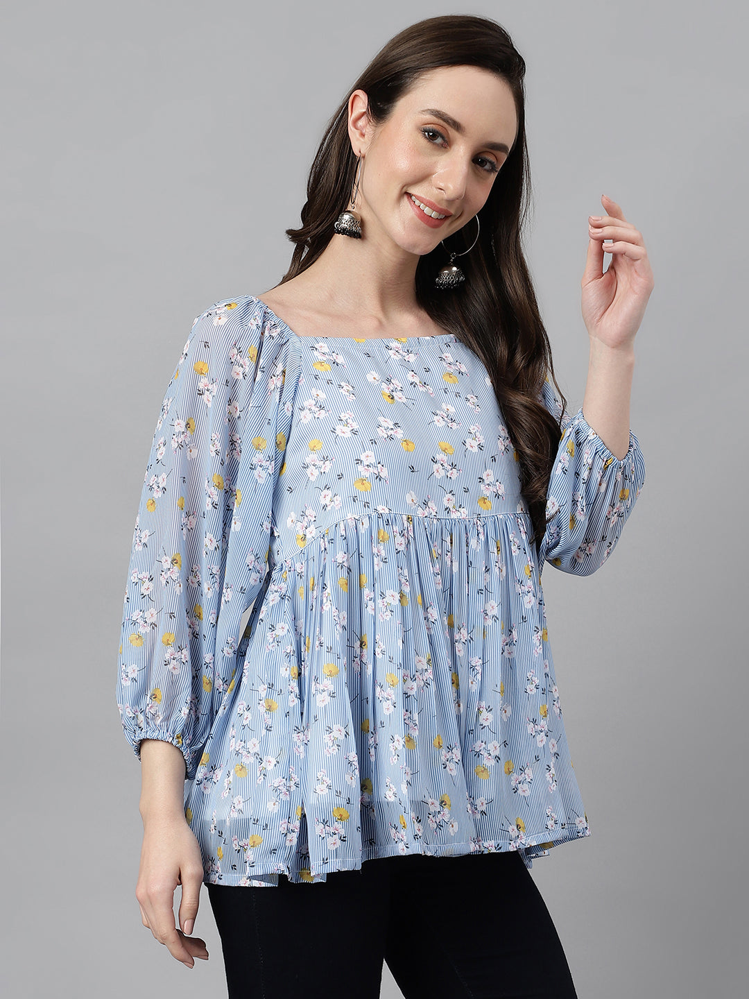 Janasya Women's Blue Georgette Floral Print Peplum Top | Swadesiicart
