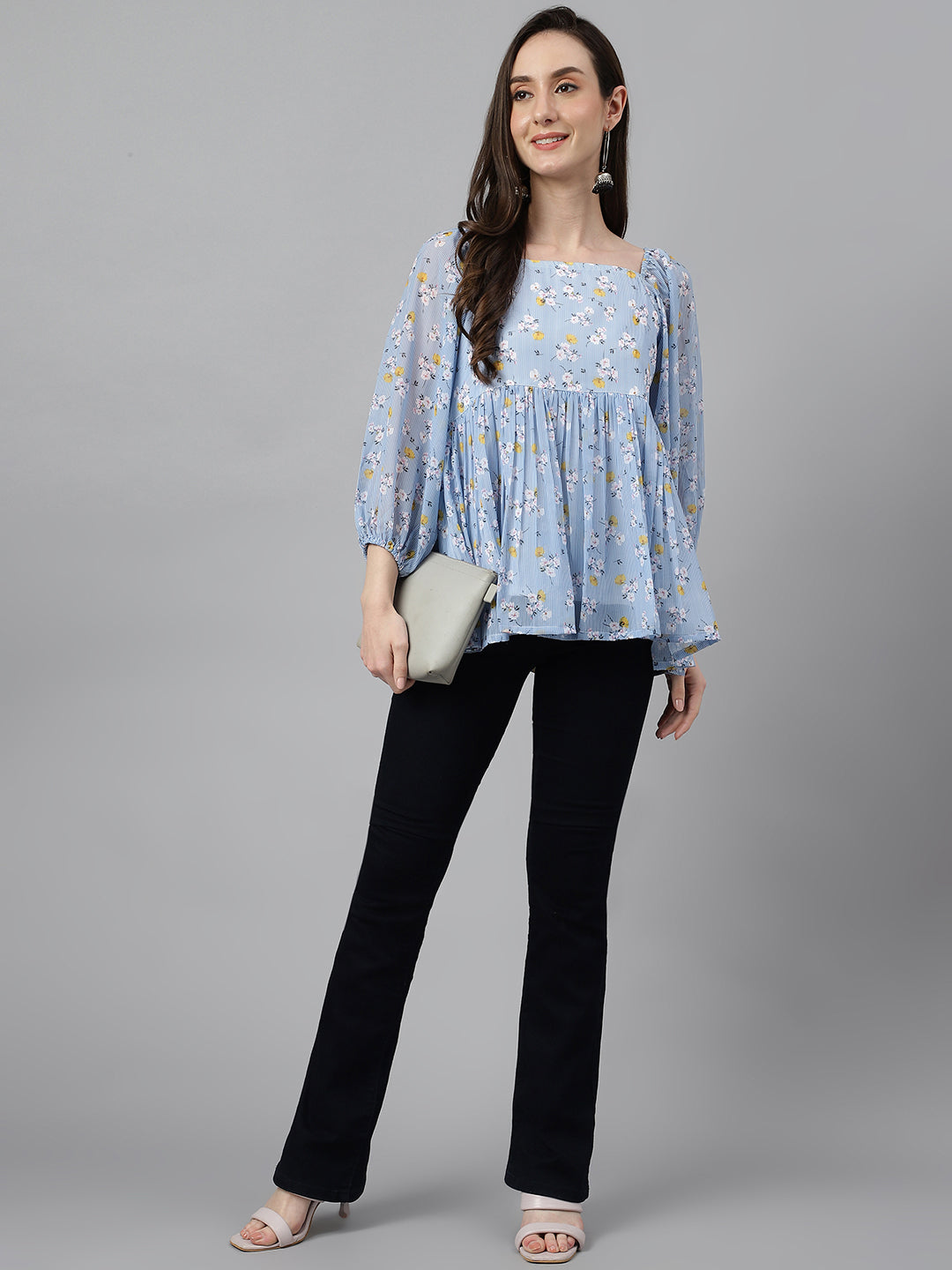 Janasya Women's Blue Georgette Floral Print Peplum Top | Swadesiicart