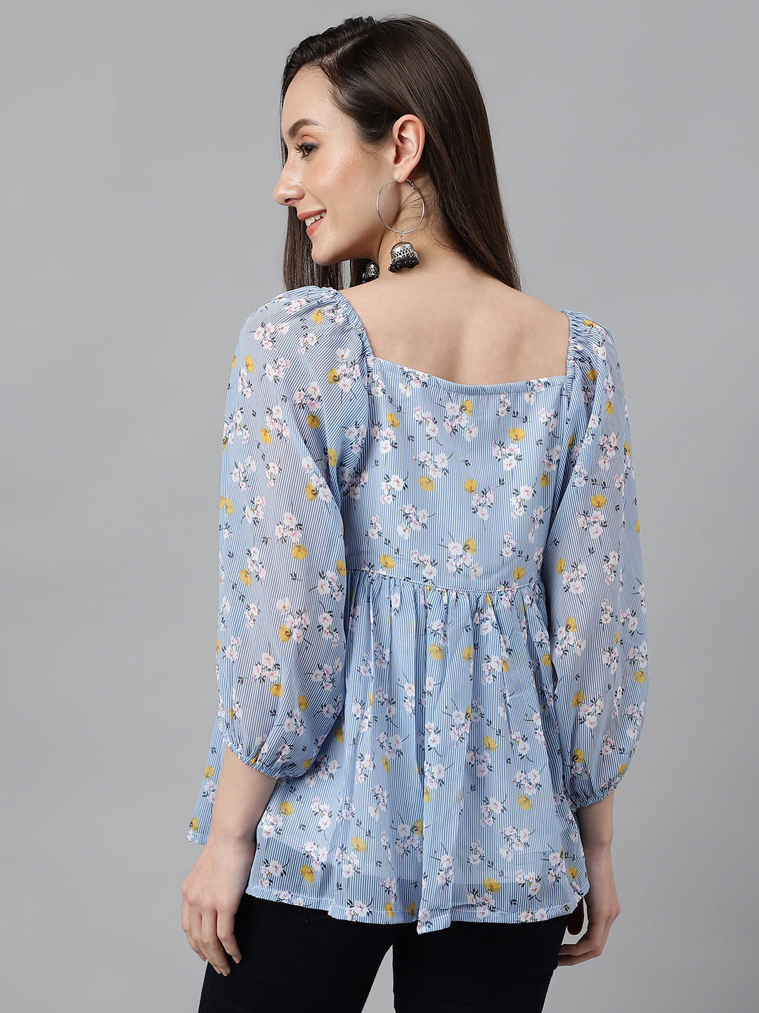 Janasya Women's Blue Georgette Floral Print Peplum Top | Swadesiicart