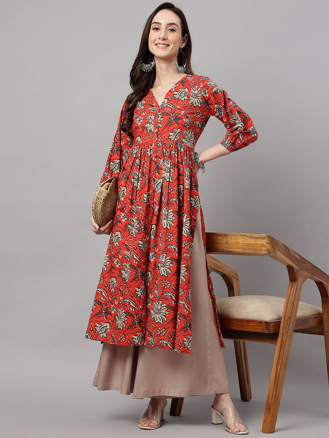 Janasya Women's Rust Orange Cotton Floral Printed Casual Gathered Kurta | Swadesiicart