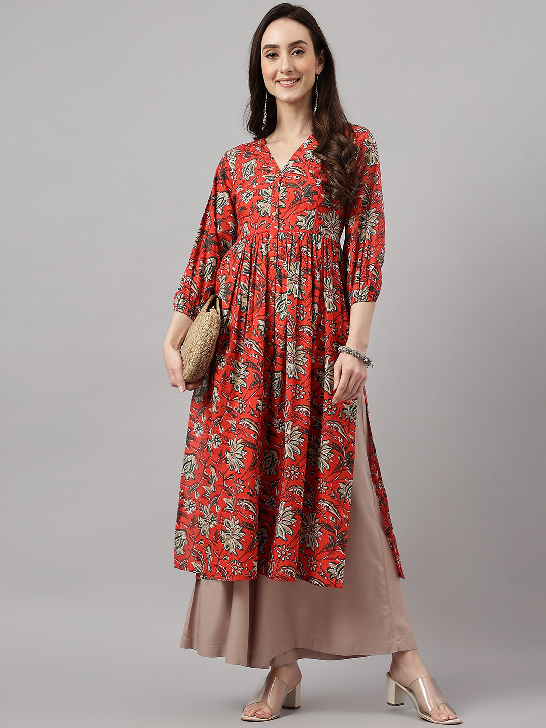 Janasya Women's Rust Orange Cotton Floral Printed Casual Gathered Kurta | Swadesiicart