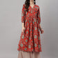 Janasya Women's Rust Orange Cotton Floral Printed Casual Gathered Kurta | Swadesiicart