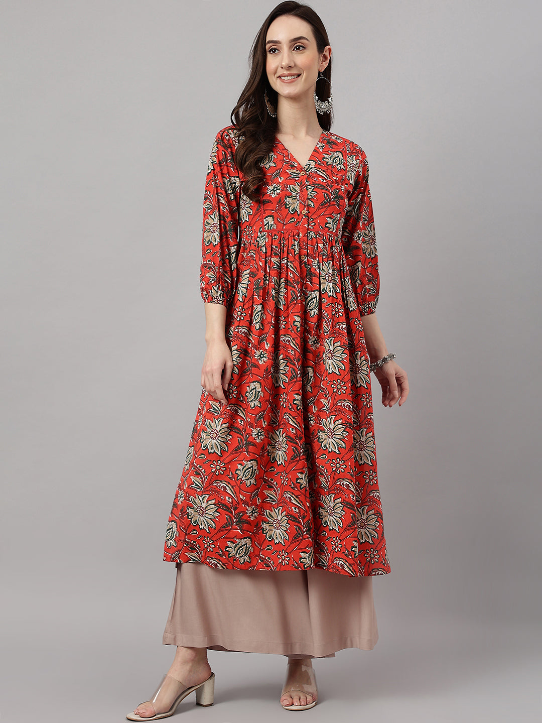 Janasya Women's Rust Orange Cotton Floral Printed Casual Gathered Kurta | Swadesiicart
