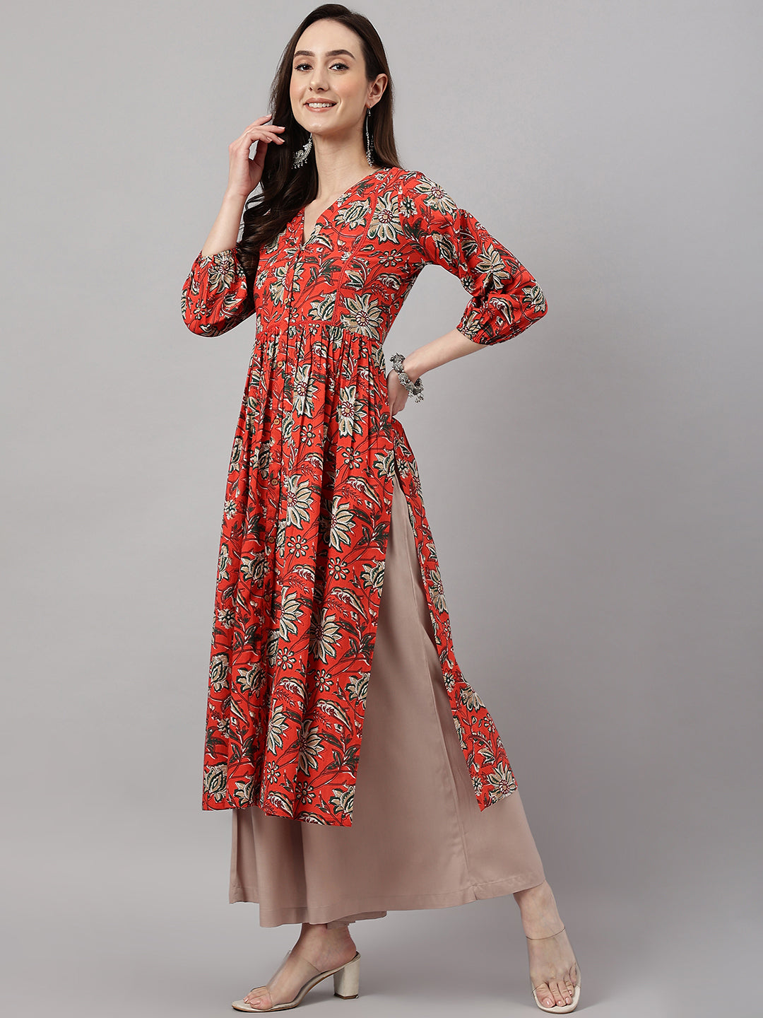 Janasya Women's Rust Orange Cotton Floral Printed Casual Gathered Kurta | Swadesiicart