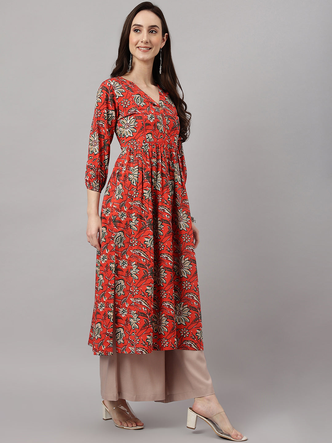 Janasya Women's Rust Orange Cotton Floral Printed Casual Gathered Kurta | Swadesiicart