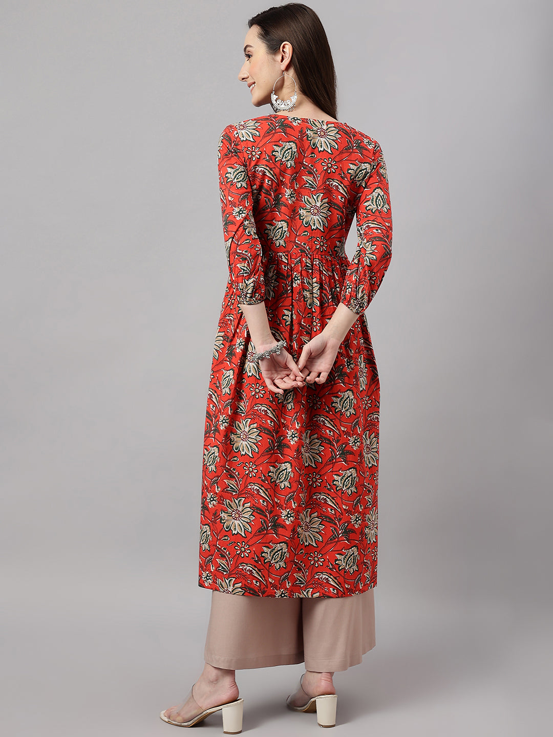 Janasya Women's Rust Orange Cotton Floral Printed Casual Gathered Kurta | Swadesiicart