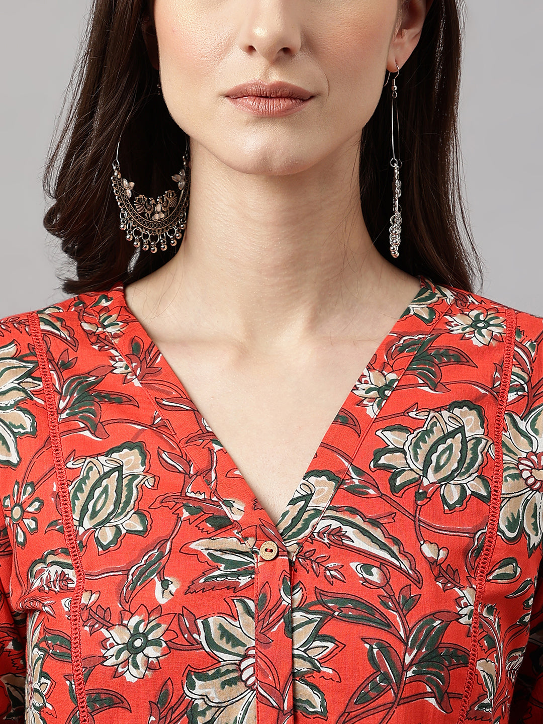 Janasya Women's Rust Orange Cotton Floral Printed Casual Gathered Kurta | Swadesiicart