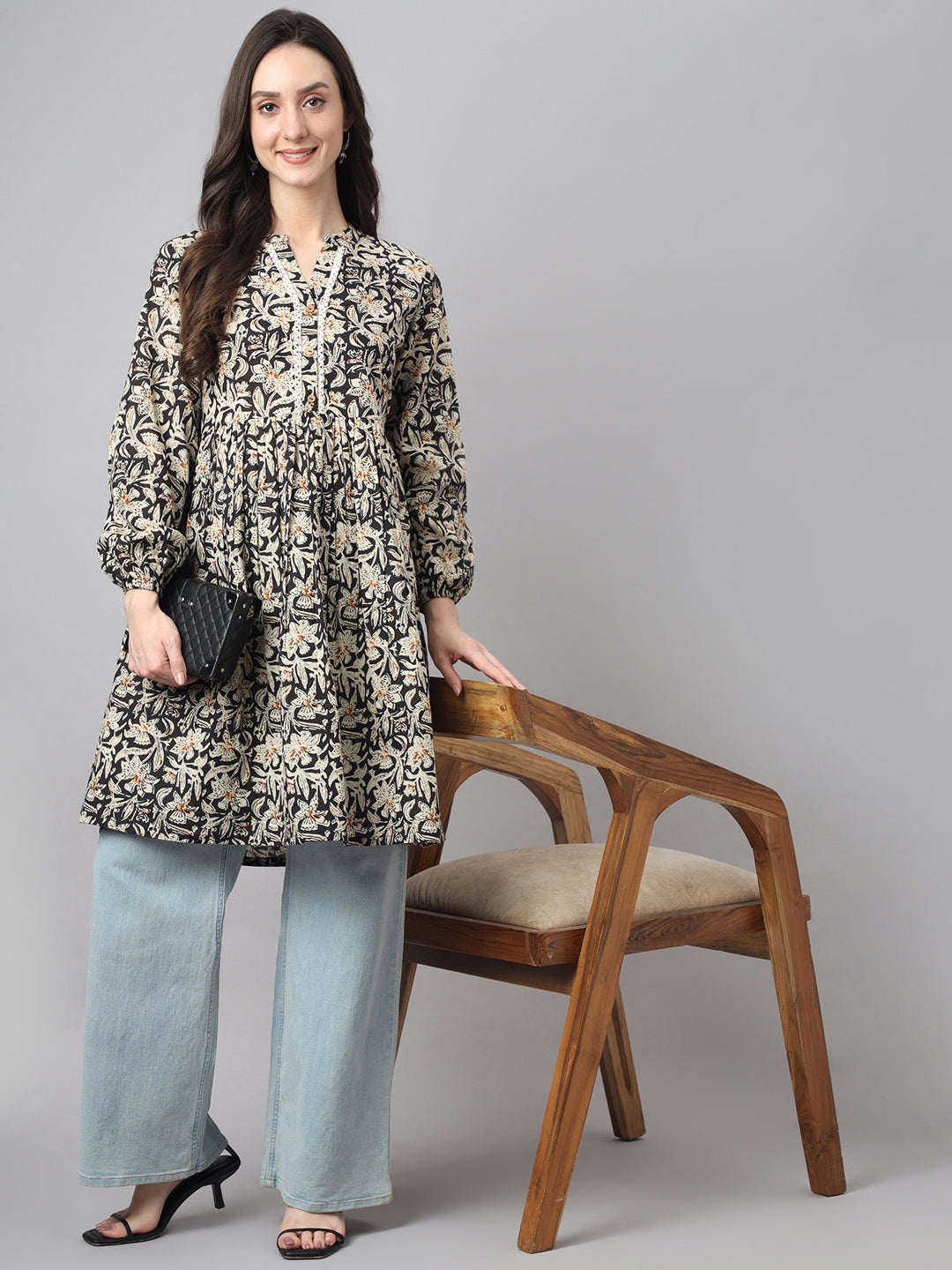 Janasya Women's Black Cotton Floral Print Casual Flared Tunic | Swadesiicart