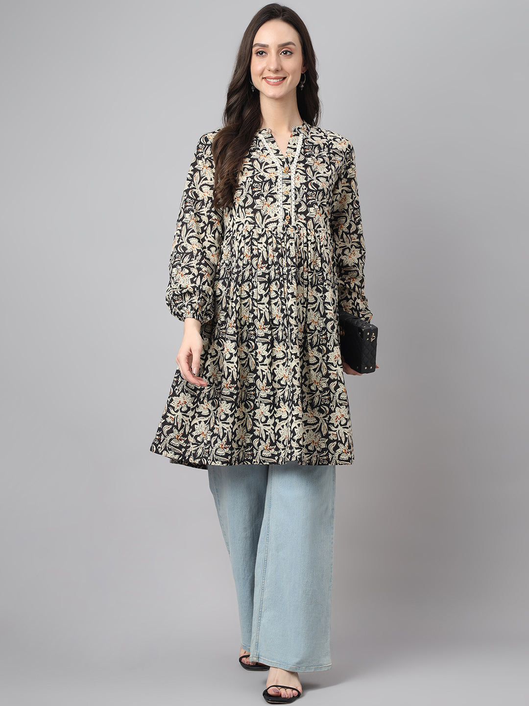 Janasya Women's Black Cotton Floral Print Casual Flared Tunic | Swadesiicart