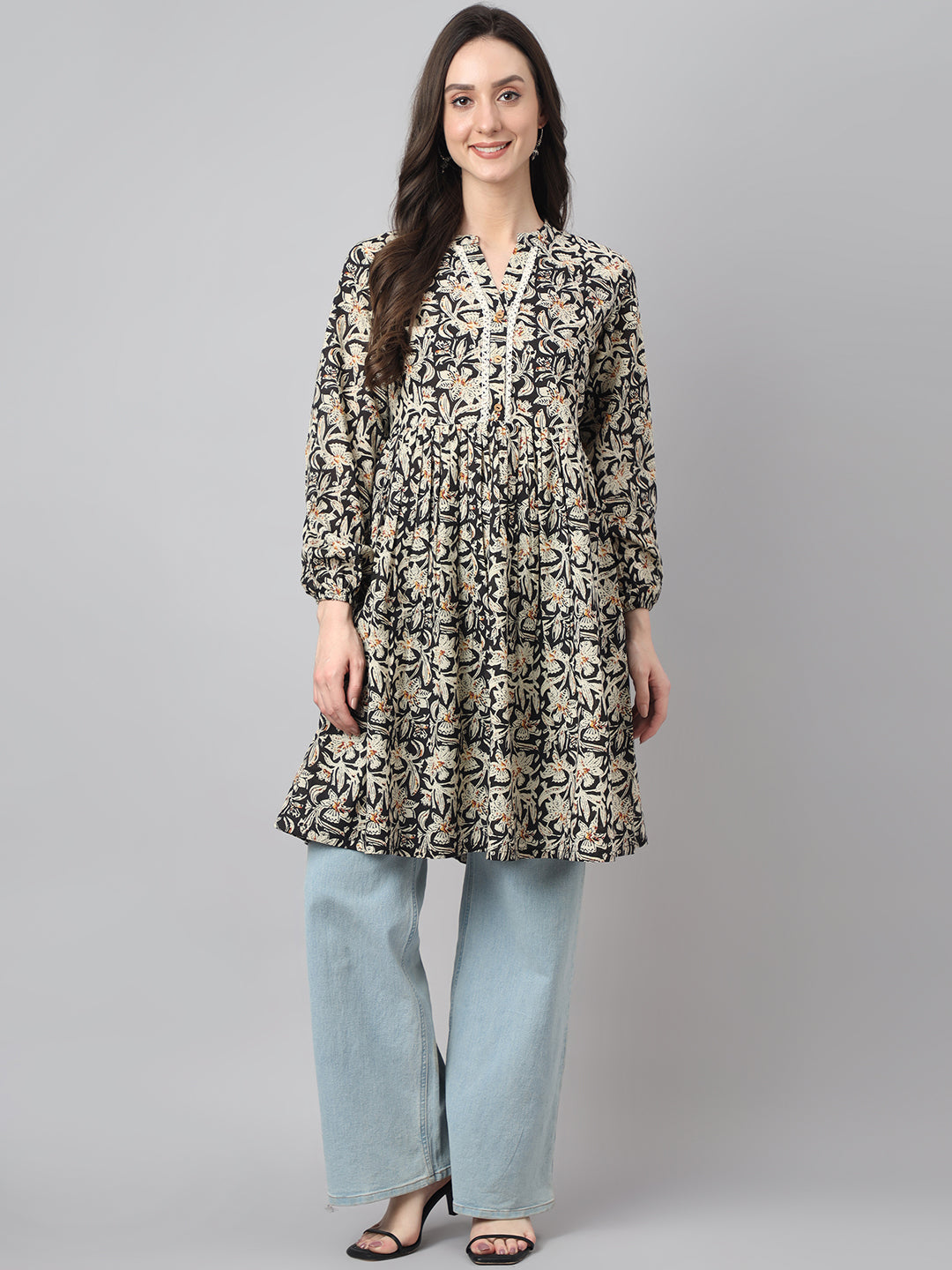 Janasya Women's Black Cotton Floral Print Casual Flared Tunic | Swadesiicart