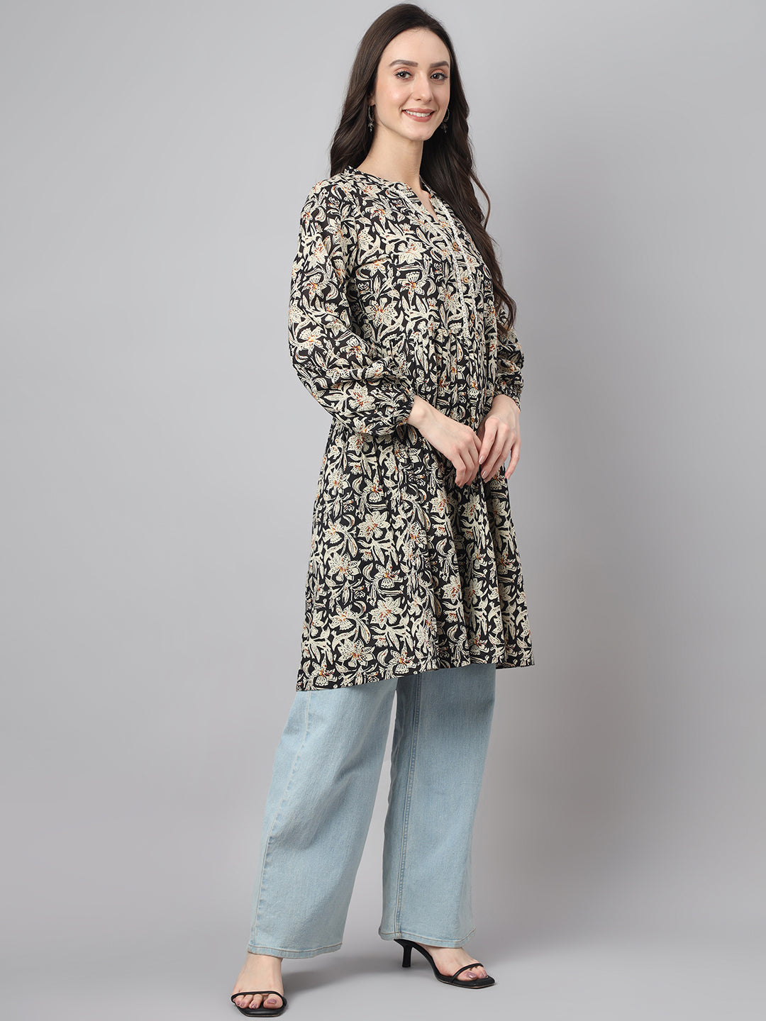 Janasya Women's Black Cotton Floral Print Casual Flared Tunic | Swadesiicart