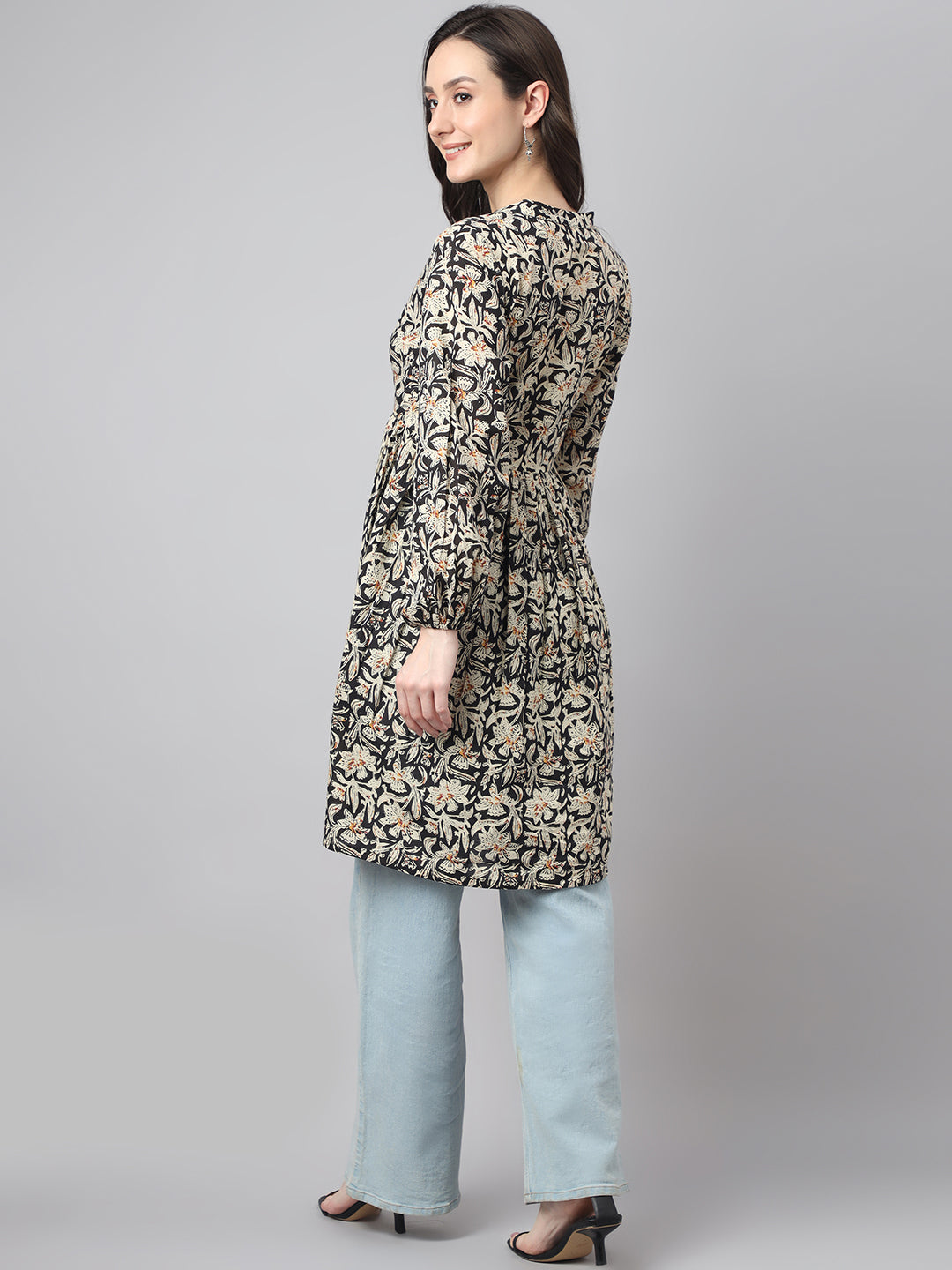 Janasya Women's Black Cotton Floral Print Casual Flared Tunic | Swadesiicart