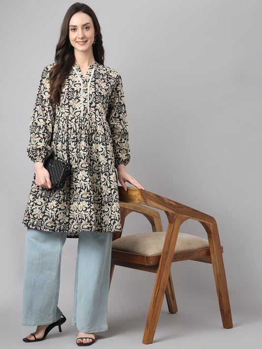 Janasya Women's Black Cotton Floral Print Casual Flared Tunic | Swadesiicart