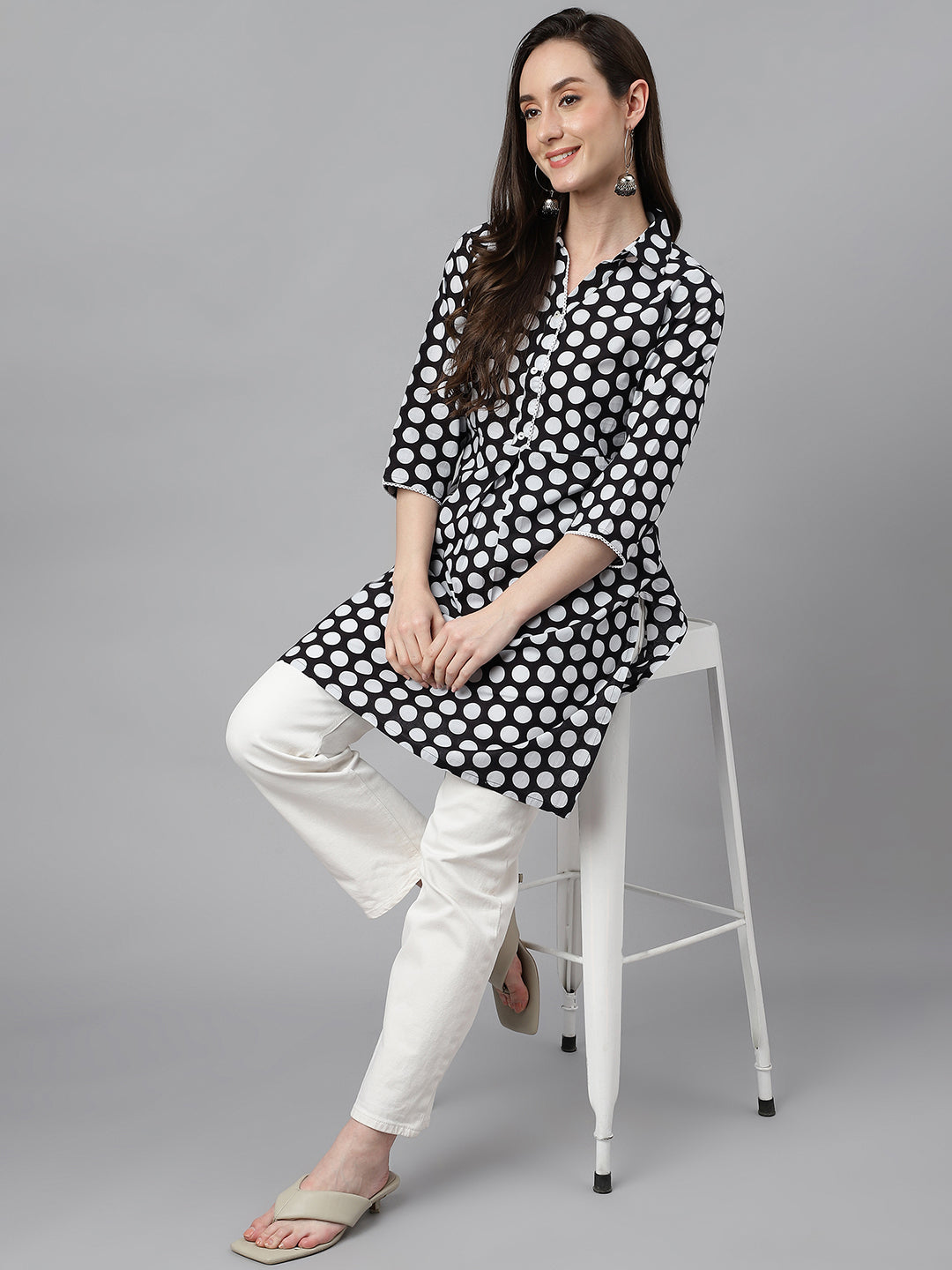 Indian Clothing Janasya Women's Black Cotton Polka Print Casual A-Line Tunic | Swadesiicart