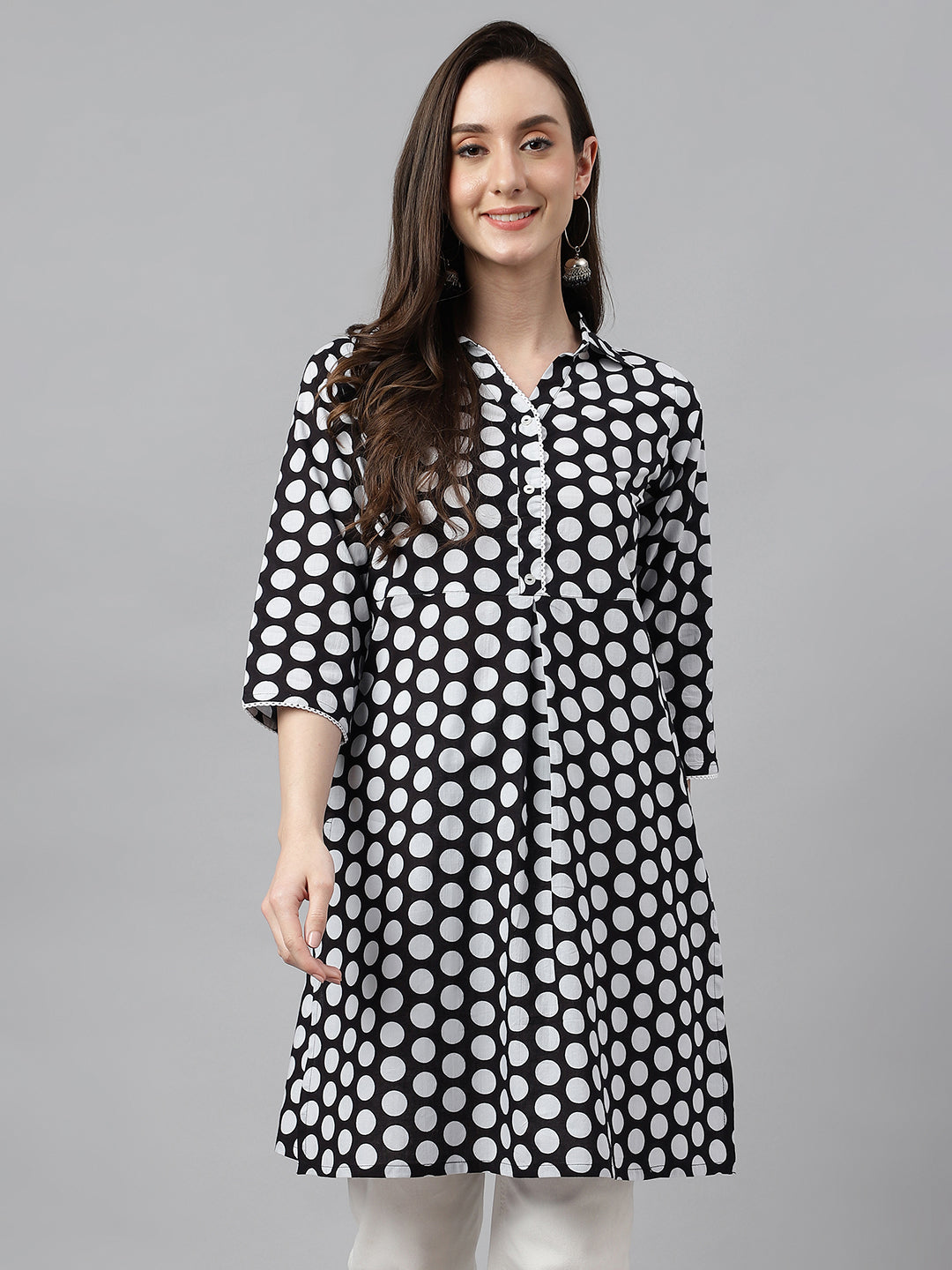 Indian Clothing Janasya Women's Black Cotton Polka Print Casual A-Line Tunic | Swadesiicart