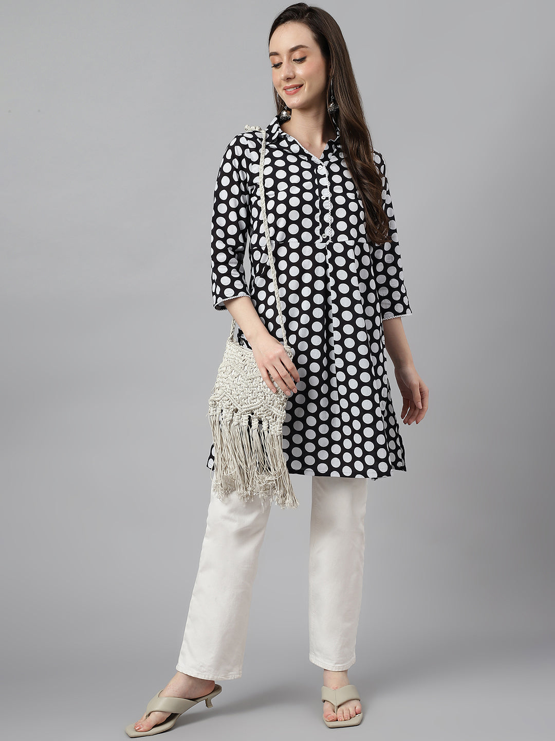 Indian Clothing Janasya Women's Black Cotton Polka Print Casual A-Line Tunic | Swadesiicart