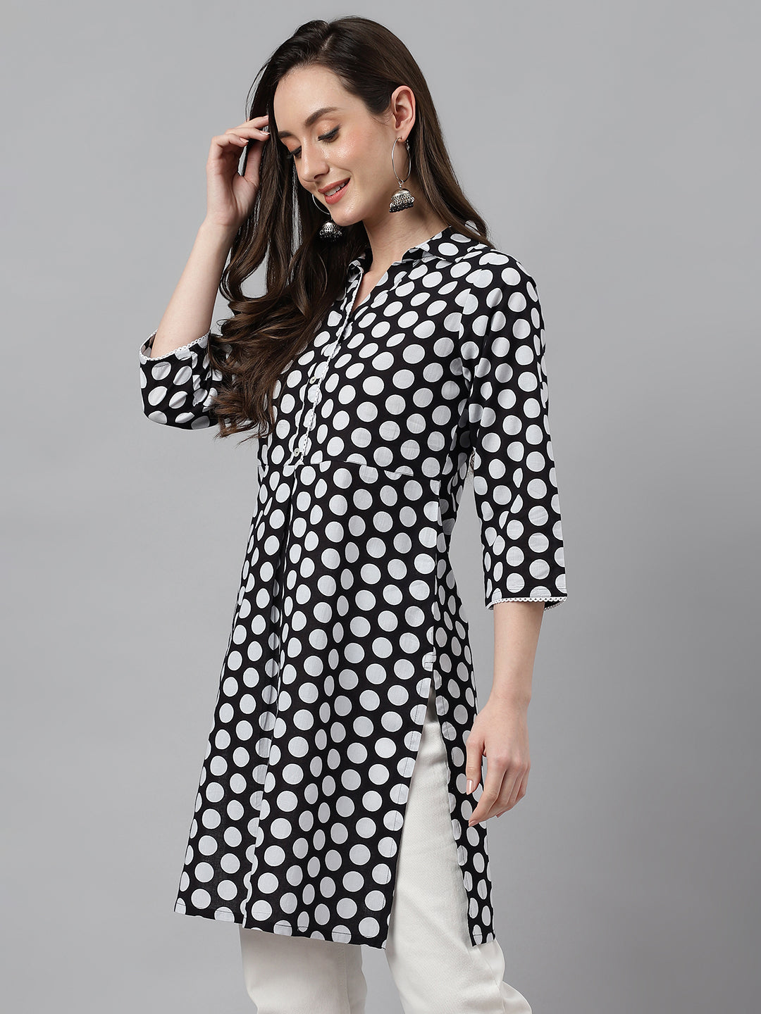 Indian Clothing Janasya Women's Black Cotton Polka Print Casual A-Line Tunic | Swadesiicart