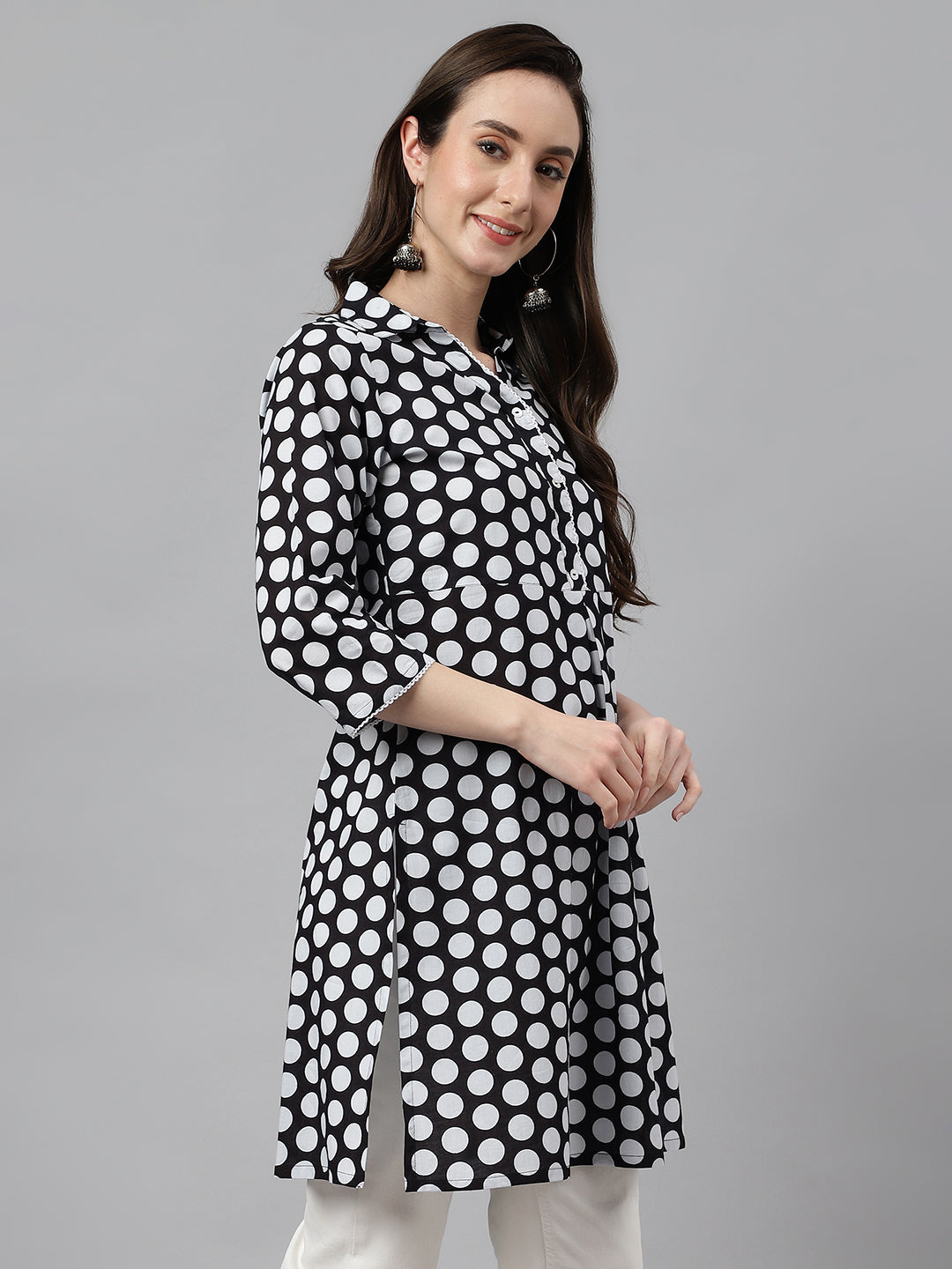 Indian Clothing Janasya Women's Black Cotton Polka Print Casual A-Line Tunic | Swadesiicart