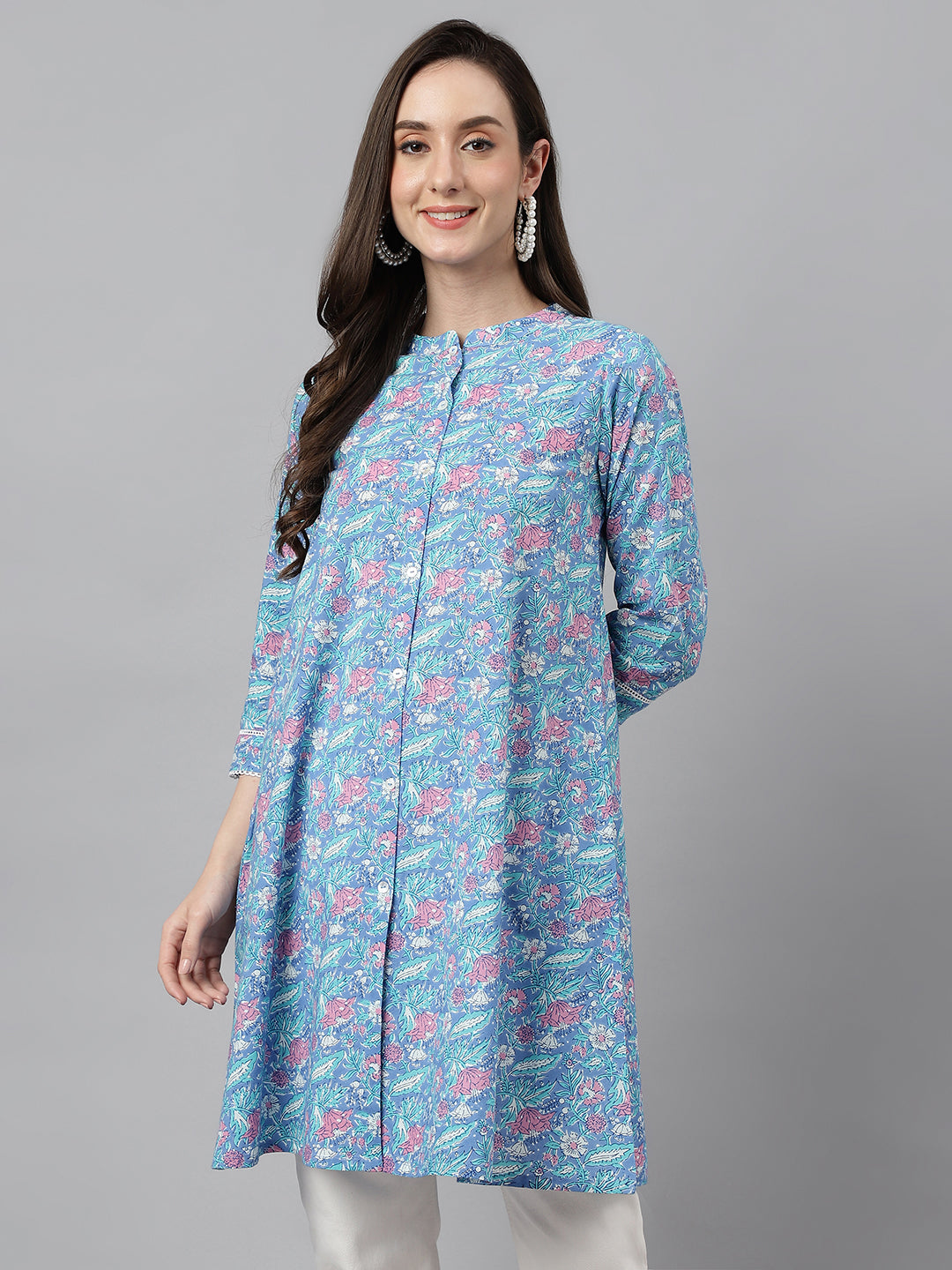 Janasya Women's Multicolor Cotton Botanical Print Casual A-Line Tunic | Swadesiicart