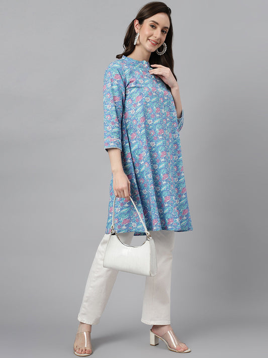 Janasya Women's Multicolor Cotton Botanical Print Casual A-Line Tunic | Swadesiicart
